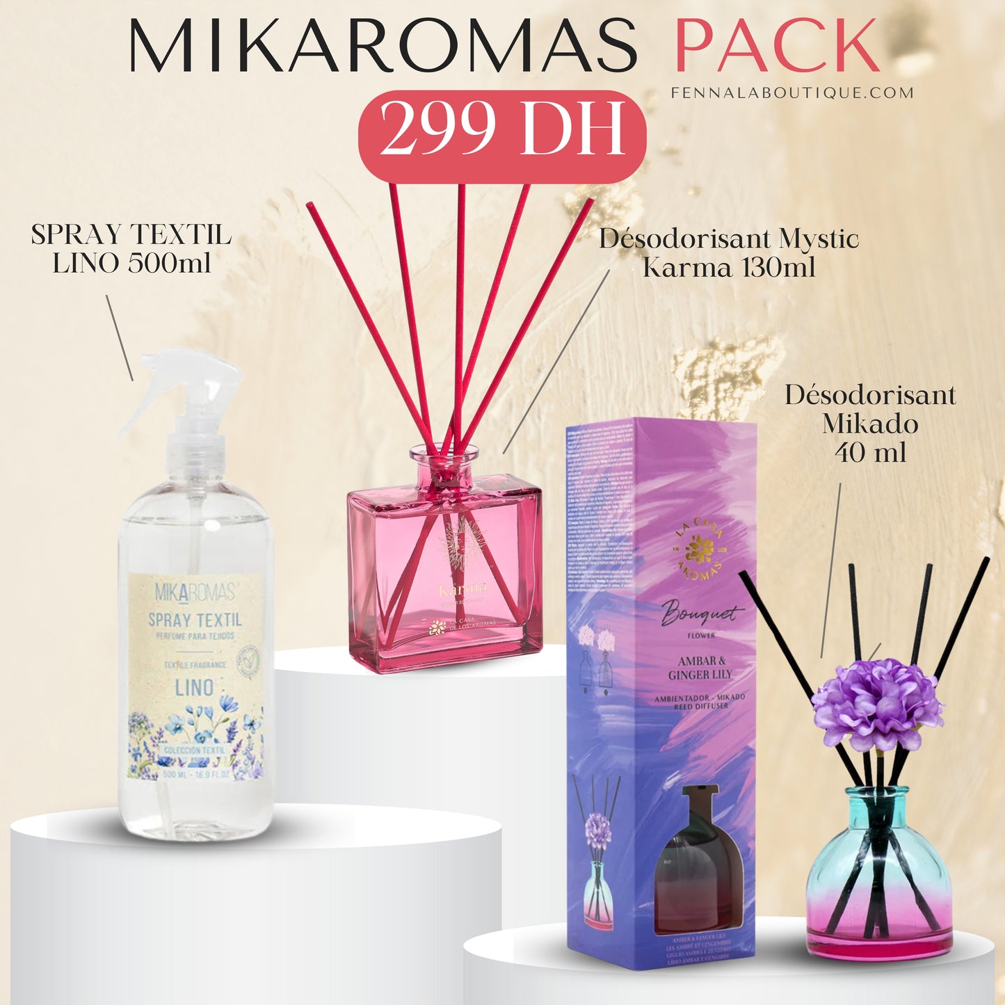 MIKAROMAS PACK - 3 PARFUM - SPRAY TEXTIL LINO 500ml - Désodorisant Mystic Karma 130ml - Désodorisant Mikado 40 ml