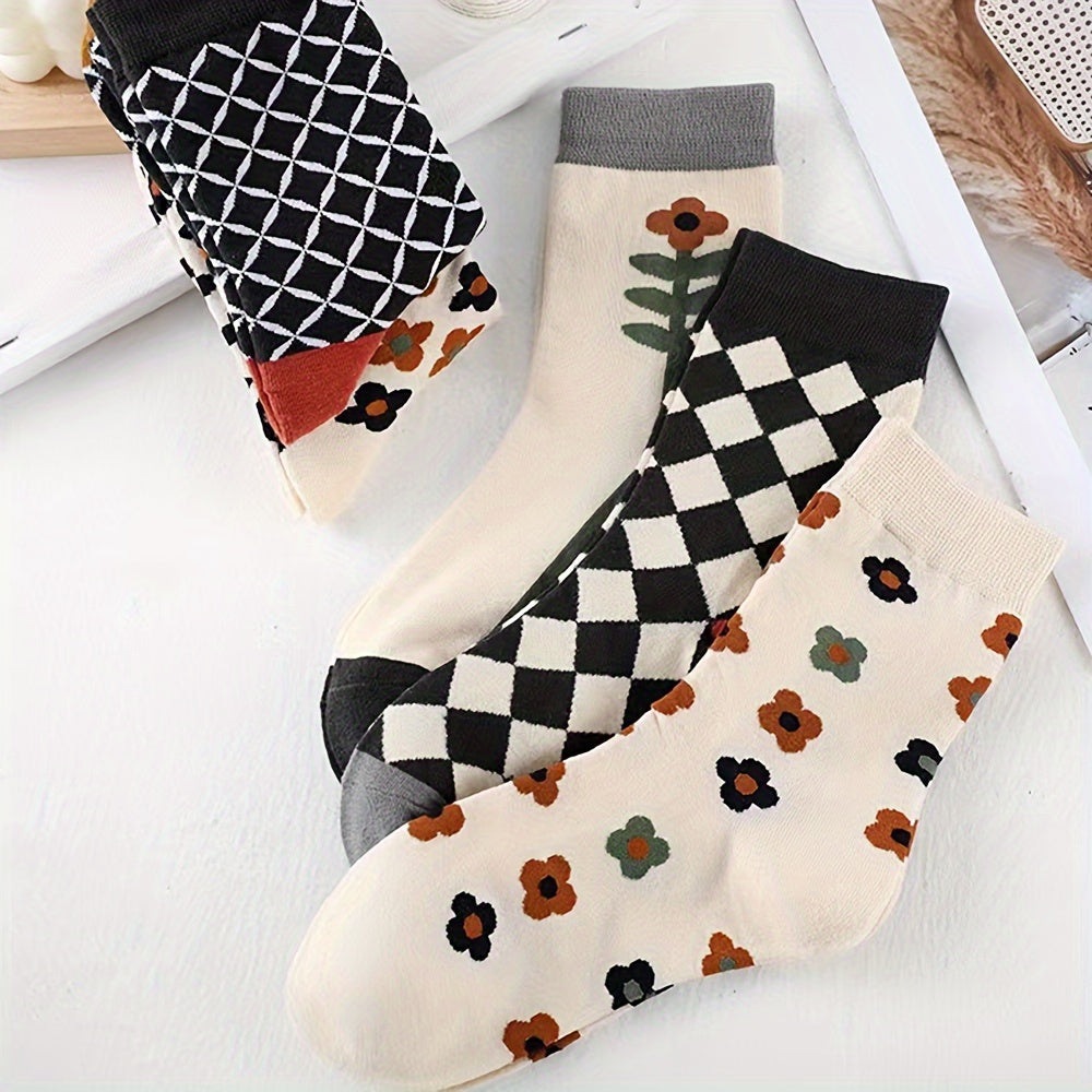 5 paires de chaussettes à imprimé floral et argyle, style vintage, mi-hautes, douces pour l'automne et l'hiver, bas et bonneterie pour femmes - La Taille Standard