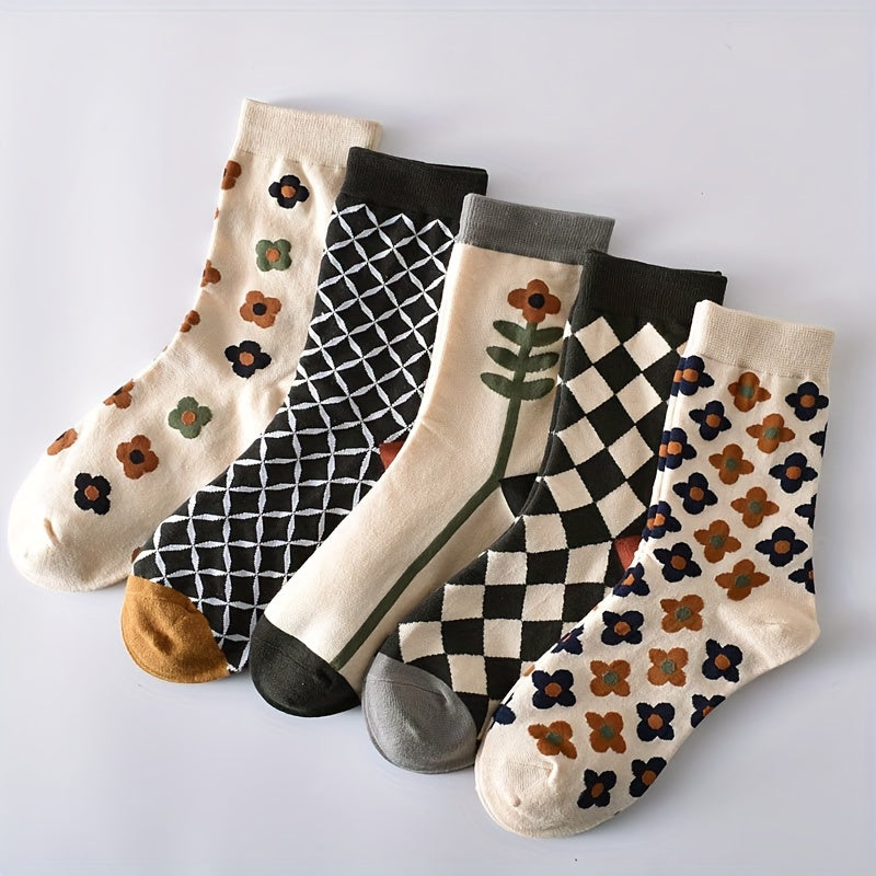 5 paires de chaussettes à imprimé floral et argyle, style vintage, mi-hautes, douces pour l'automne et l'hiver, bas et bonneterie pour femmes - La Taille Standard