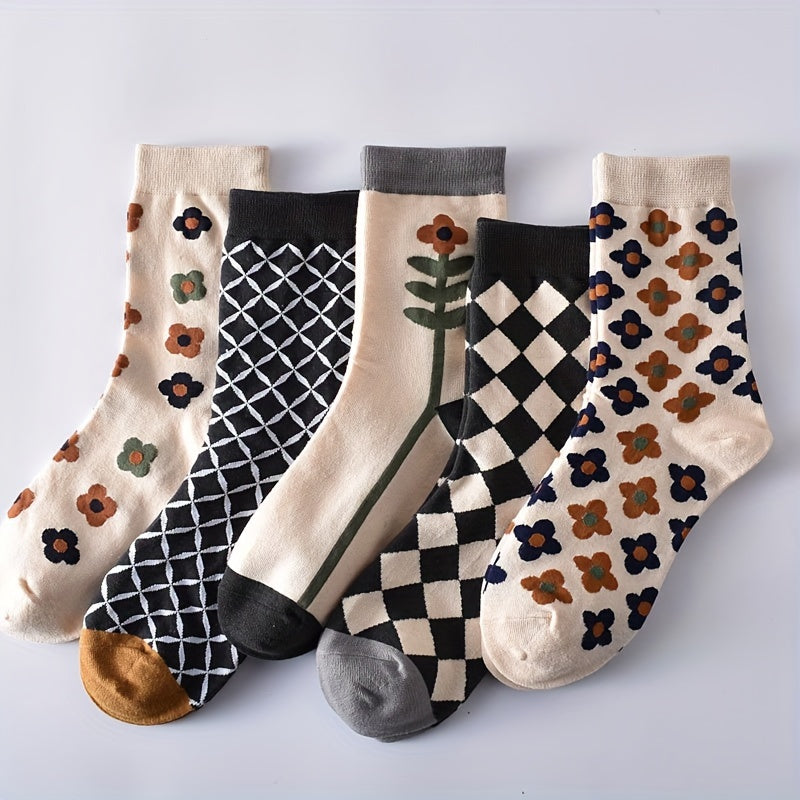 5 paires de chaussettes à imprimé floral et argyle, style vintage, mi-hautes, douces pour l'automne et l'hiver, bas et bonneterie pour femmes - La Taille Standard