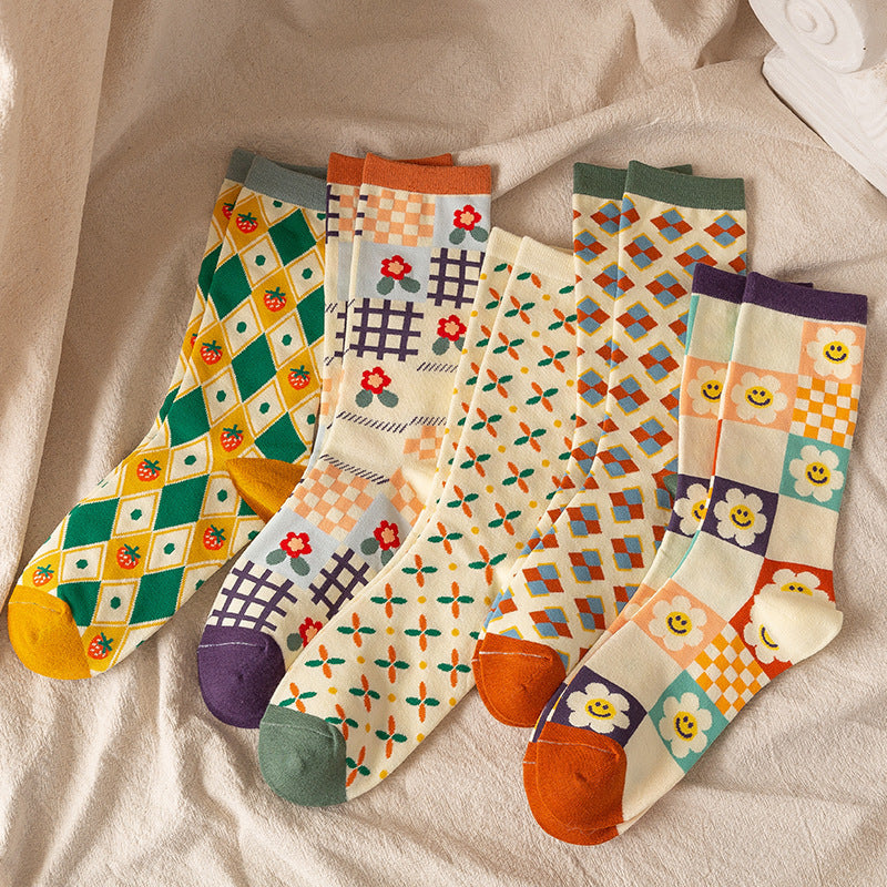 5 Paires de chaussettes longues pour femmes avec impression de tournesol - La Taille Standard