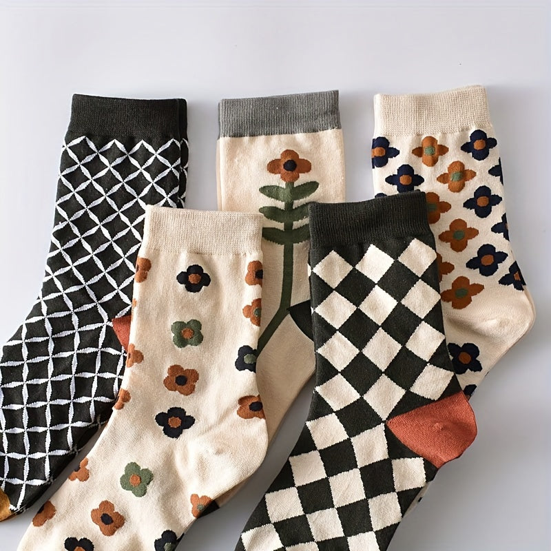 5 paires de chaussettes à imprimé floral et argyle, style vintage, mi-hautes, douces pour l'automne et l'hiver, bas et bonneterie pour femmes - La Taille Standard
