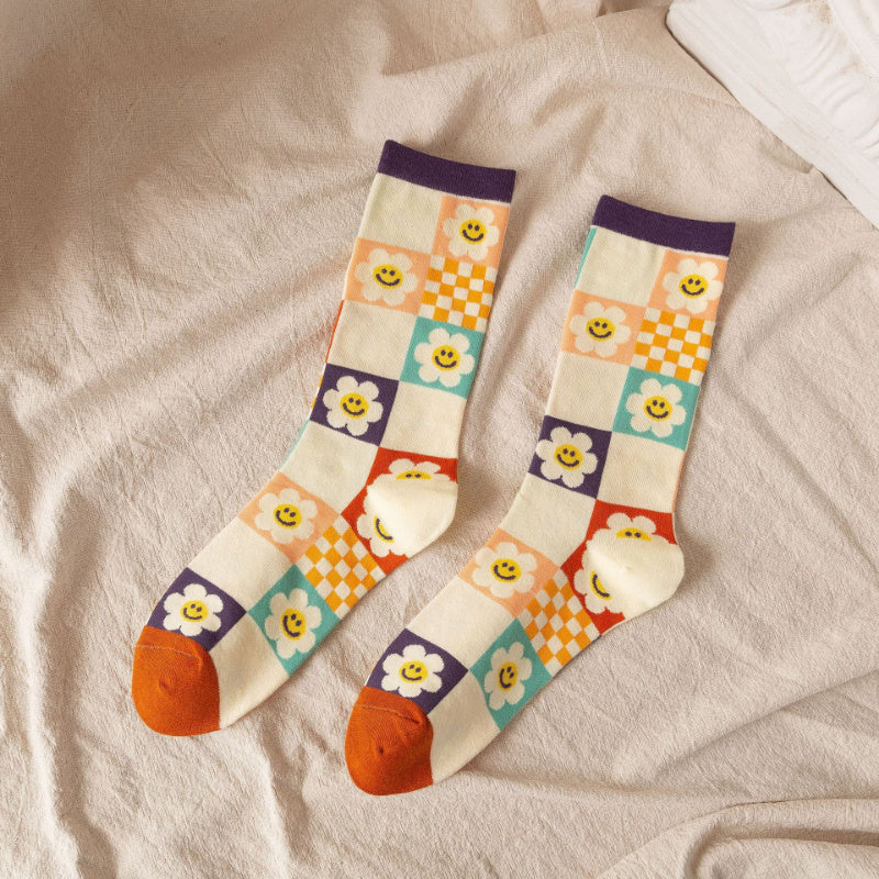 5 Paires de chaussettes longues pour femmes avec impression de tournesol - La Taille Standard