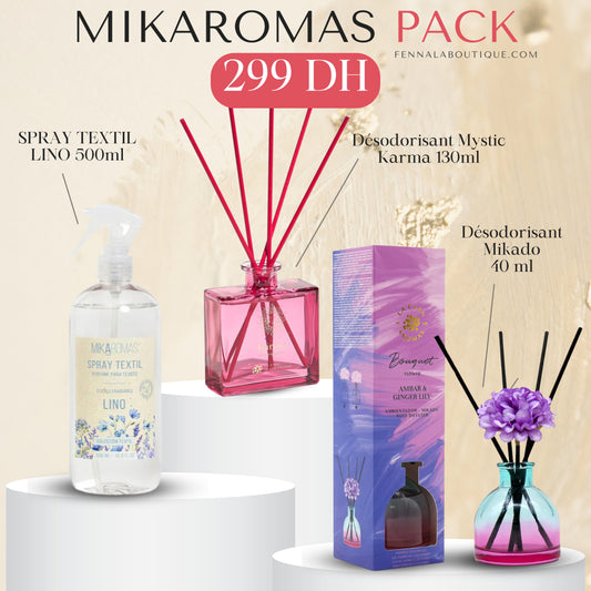 MIKAROMAS PACK - 3 PARFUM - SPRAY TEXTIL LINO 500ml - Désodorisant Mystic Karma 130ml - Désodorisant Mikado 40 ml