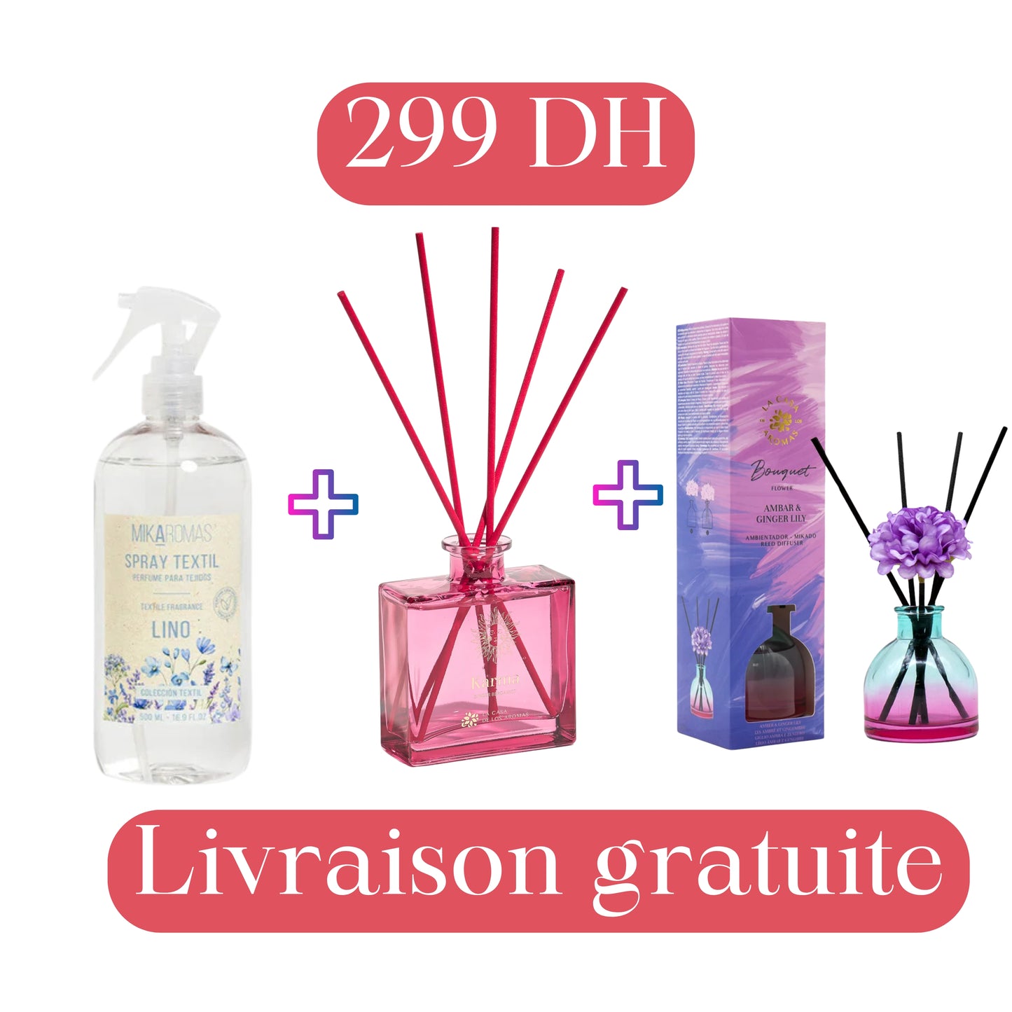 MIKAROMAS PACK - 3 PARFUM - SPRAY TEXTIL LINO 500ml - Désodorisant Mystic Karma 130ml - Désodorisant Mikado 40 ml