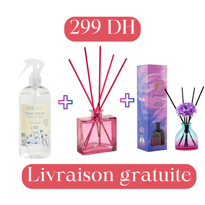 MIKAROMAS PACK - 3 PARFUM - SPRAY TEXTIL LINO 500ml - Désodorisant Mystic Karma 130ml - Désodorisant Mikado 40 ml