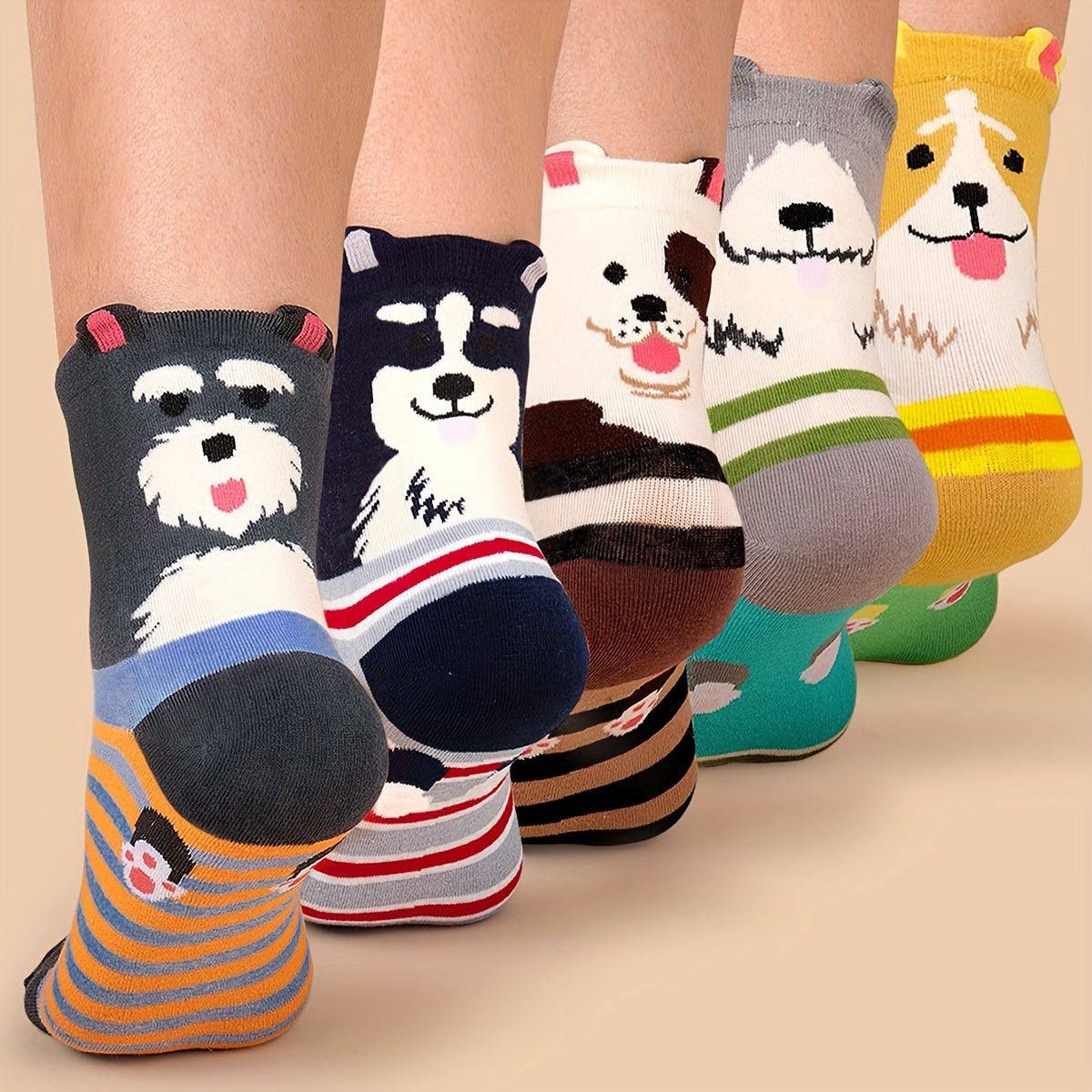 5 Paires de Chaussettes Mi-Mollet en Tricot Droit à Motif Chiot Cartoon Trois Dimensions - La Taille Standard