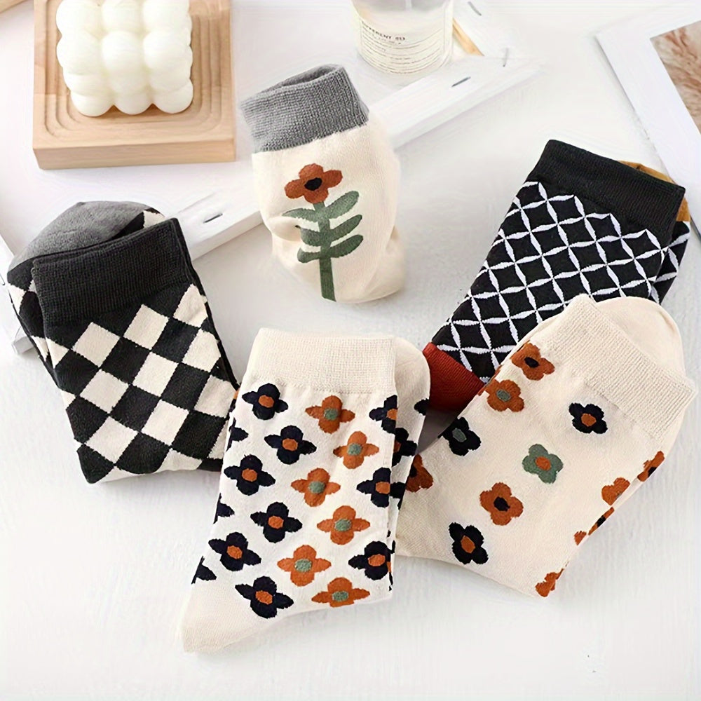5 paires de chaussettes à imprimé floral et argyle, style vintage, mi-hautes, douces pour l'automne et l'hiver, bas et bonneterie pour femmes - La Taille Standard