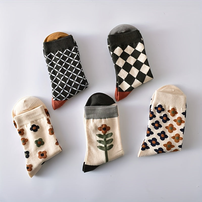 5 paires de chaussettes à imprimé floral et argyle, style vintage, mi-hautes, douces pour l'automne et l'hiver, bas et bonneterie pour femmes - La Taille Standard