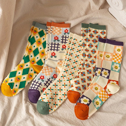 5 Paires de chaussettes longues pour femmes avec impression de tournesol - La Taille Standard