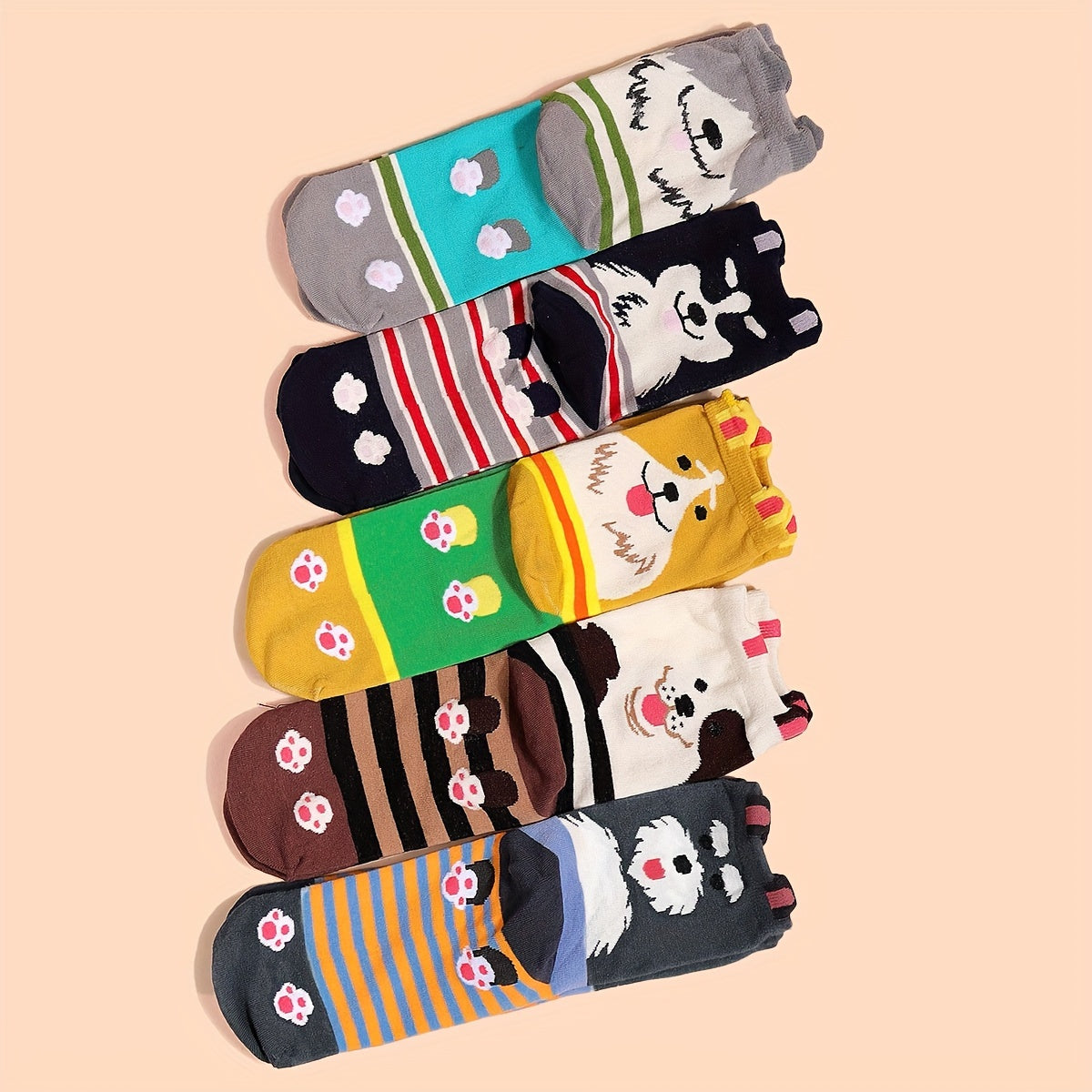 5 Paires de Chaussettes Mi-Mollet en Tricot Droit à Motif Chiot Cartoon Trois Dimensions - La Taille Standard